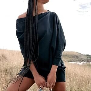 Free People FP Beach Asymmetrical Mini Dress Size Small Black Cotton Ruched